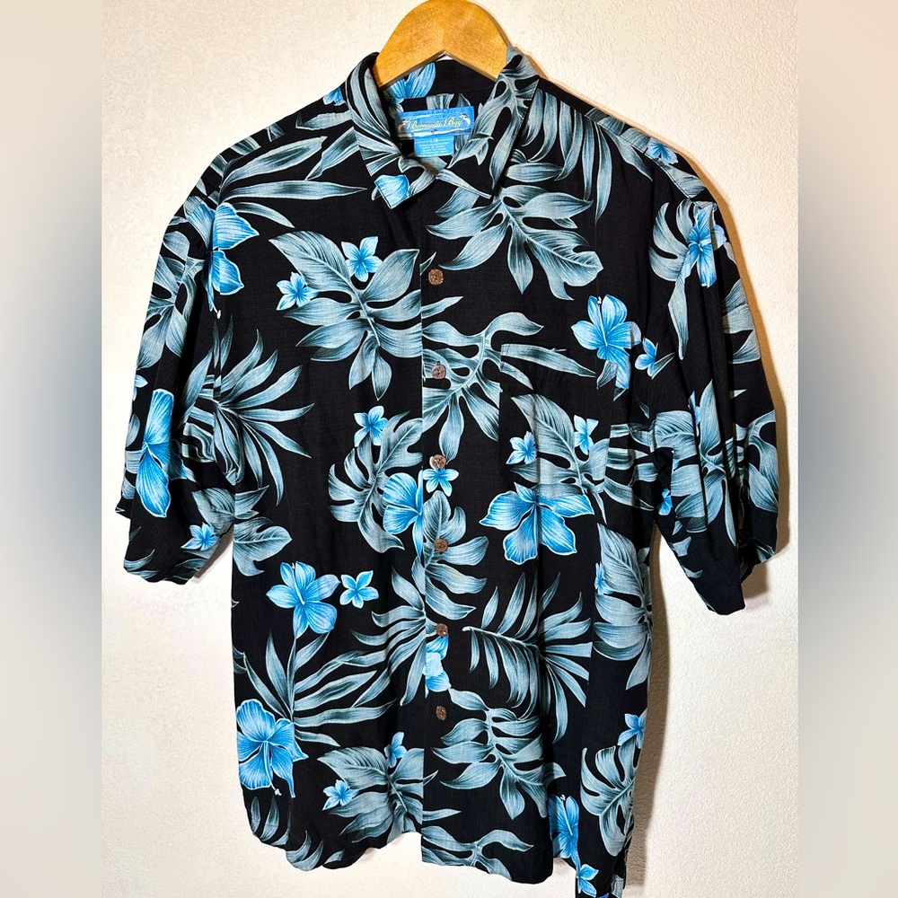 Bermuda Bay 100% SILK Mens Hawaiian Shirt Black Blue Size L Large